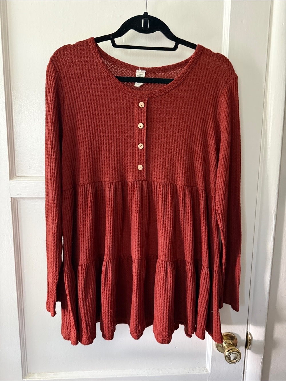 Lazy Sundays Cozy Waffle Knit Tiered Long-Sleeve Top - Rust